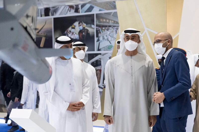 Sheikh Mohamed bin Zayed, Crown Prince of Abu Dhabi and Deputy Supreme Commander of the Armed Forces, views the latest innovations in unmanned systems technology, robotics and AI.