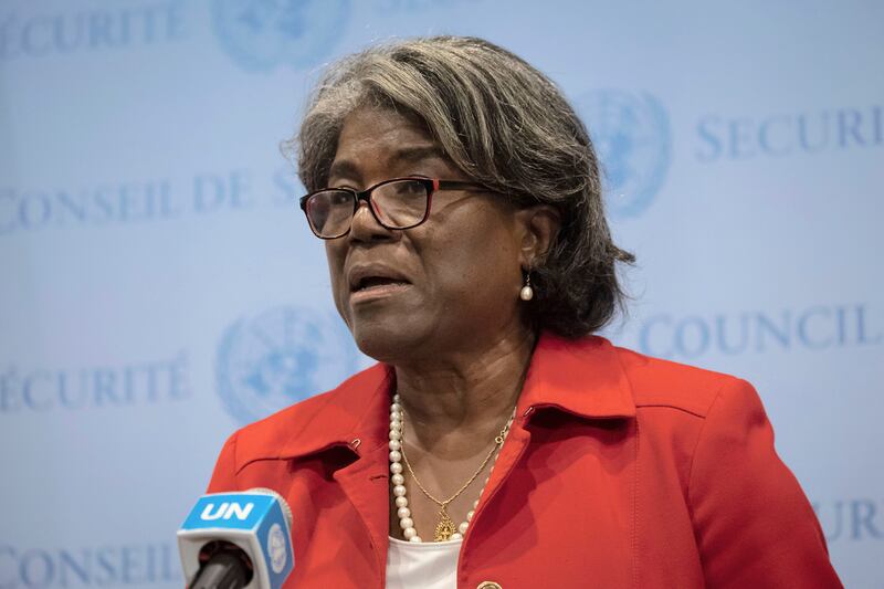 Linda Thomas-Greenfield, the US ambassador to the UN, speaks during a press conference at the UN Security Council. AP