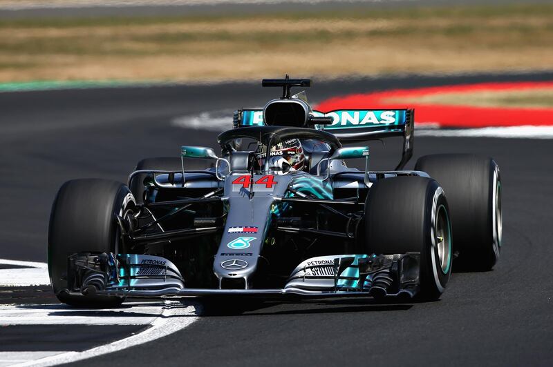NORTHAMPTON, ENGLAND - JULY 07: Lewis Hamilton of Great Britain driving the (44) Mercedes AMG Petronas F1 Team Mercedes WO9 on track during qualifying for the Formula One Grand Prix of Great Britain at Silverstone on July 7, 2018 in Northampton, England.  (Photo by Charles Coates/Getty Images)