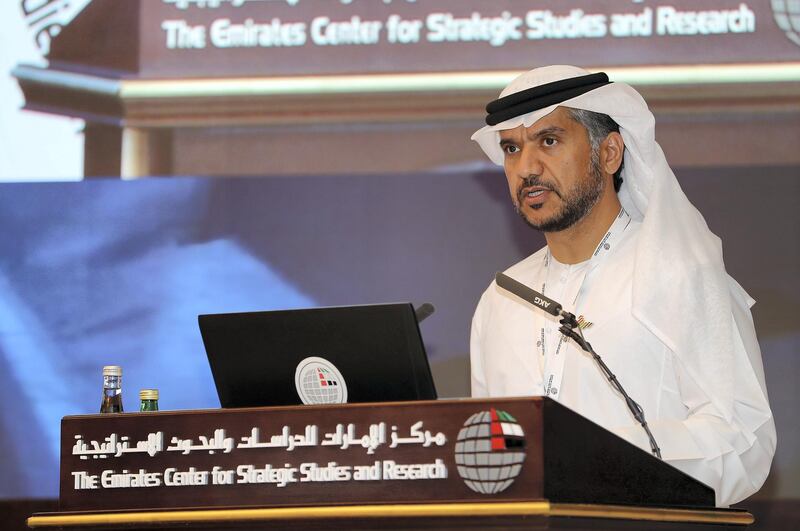 ABU DHABI, UNITED ARAB EMIRATES , Feb 24  – 2020 :- Eng. Awaidha Murshed Al Marar, Chairman of the Department of Energy in Abu Dhabi, United Arab Emirates speaking during the session on ‘The Energy Transition: Implications for Gulf States’ at the Gulf Security Symposium held at the Emirates Centre for Strategic Studies and Research in Abu Dhabi. (Pawan Singh / The National) For News/Online.  Story by Daniel