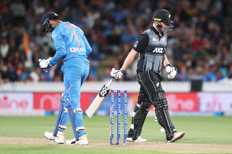 New Zealand’s Colin Munro after getting stumped during the third T20 against India at Seddon Park in Hamilton. AFP