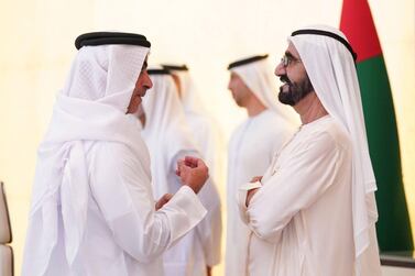 Sheikh Saif bin Zayed, Deputy Prime Minister and Minister of Interior, talks to Sheikh Mohammed during the Cabinet meeting. Courtesy: Dubai Media Office