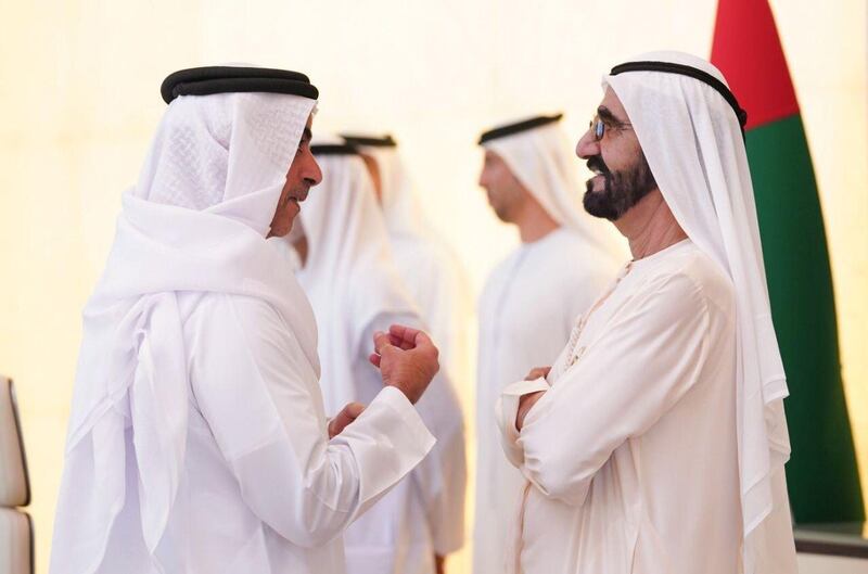 Sheikh Saif bin Zayed, Deputy Prime Minister and Minister of Interior, talks to Sheikh Mohammed during the Cabinet meeting. Courtesy: Dubai Media Office