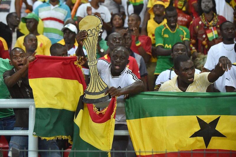 Ghanaian fans cheer for their team ahead of the 2015 Africa Cup of Nations final match against Ivory Coast in Bata, Equatorial Guinea on Sunday. Carl de Souza / AFP
