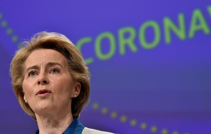 FILE PHOTO: The President of European Commission Ursula von der Leyen holds a news conference on the European Union response to the coronavirus disease (COVID-19) crisis at the EU headquarters in Brussels, April 15, 2020.  John Thys/Pool via REUTERS/File Photo