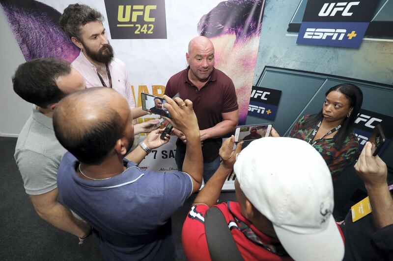 Abu Dhabi, United Arab Emirates - September 06, 2019: UFC president Dana White speaks to local media. Friday the 6th of September 2019. Yes Island, Abu Dhabi. Chris Whiteoak / The National