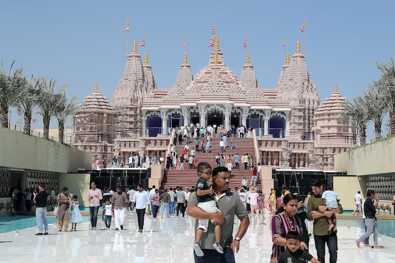 Visitors at the BAPS Hindu Mandir in Abu Dhabi. Pawan Singh / The National