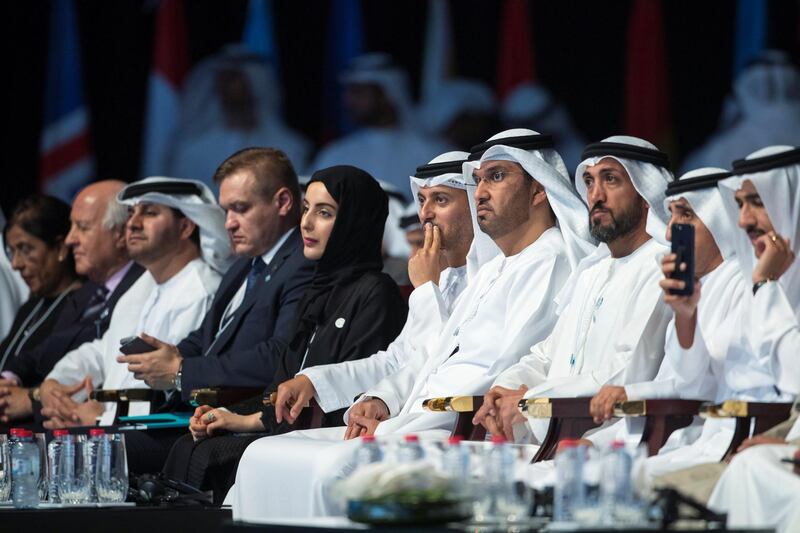 DUBAI, UNITED ARAB EMIRATES - February 11, 2018: HE Ahmed Juma Al Zaabi, UAE Deputy Minister of Presidential Affairs (R), HH Sheikh Saeed bin Maktoum bin Juma Al Maktoum (2nd R), HE Mohamed Mubarak Al Mazrouei, Undersecretary of the Crown Prince Court of Abu Dhabi (3rd R), HE Dr Sultan Ahmed Al Jaber, UAE Minister of State, Chairman of Masdar and CEO of ADNOC Group (4th R), HE Dr Ahmed Abdullah Humaid Belhoul Al Falasi, UAE Minister of State for Higher Education (5th R), and HE Shamma Suhail Al Mazrouei, UAE Minister of State for Youth Affairs (6th R), listen to a speech by HE Narendra Modi Prime Minister of India (not shown), during the World Government Summit. 
( Ryan Carter / Crown Prince Court - Abu Dhabi )
---