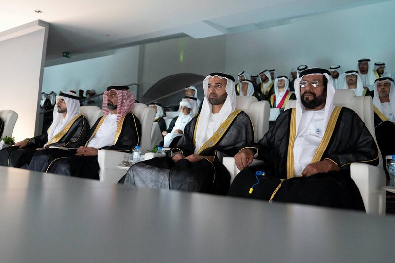 ABU DHABI, UNITED ARAB EMIRATES - December 02, 2018: (R-L) HH Sheikh Tahnoon bin Mohamed Al Nahyan, Ruler's Representative in Al Ain Region, HH Sheikh Mohamed bin Saud bin Saqr Al Qasimi, Crown Prince and Deputy Ruler of Ras Al Khaimah, HH Sheikh Ammar bin Humaid Al Nuaimi, Crown Prince of Ajman and HH Sheikh Hamdan bin Mohamed Al Maktoum, Crown Prince of Dubai watch a performance of ���This is Zayed, This is UAE' during the 47th UAE National Day celebrations, at Zayed Sports City.

( Mohamed Al Hammadi / Ministry of Presidential Affairs )
---