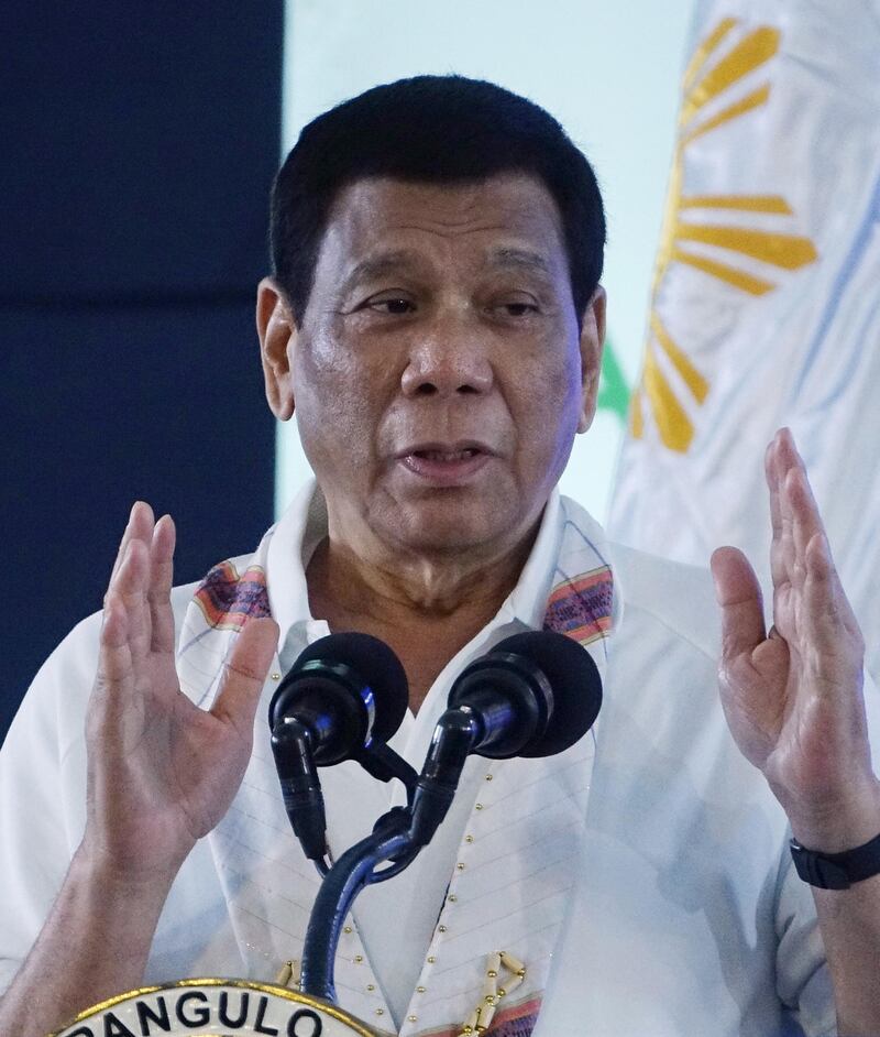 epa07190739 President Rodrigo Duterte speaks during a water supply constraction ceremony in Davao city, Philippines, 26 November 2018. According to Defense Secretary Delfin Lorenzana, President Rodrigo Duterte has ordered to increase government forces in southern Philippines, but it will not lead to a nationwide martial law. Communist Party of the Philippines founder Jose Maria Sison alledged that sending more soldiers to the Mindanao island was a preparation for the formal declaration of the military rule across the country.  EPA/CERILO EBRANO