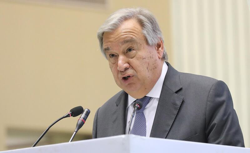 epa07064337 United Nations Secretary General Antonio Guterres speaks during the inaugural ceremony of the Global RE-INVEST India-ISA Partnership Renewable Energy Investors Meet & Expo'and first General Assembly of the India-initiated International Solar Alliance (ISA) in New Delhi, India, 02 October 2018. Secretary-General Antonio Guterres is on his three-day visit to India.  EPA/HARISH TYAGI