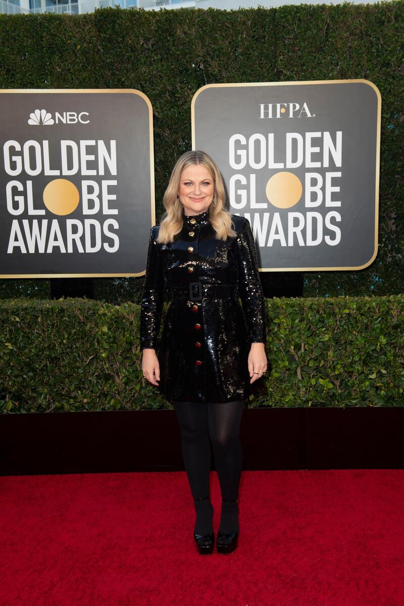 Amy Poehler, in Moschino, attends the 78th annual Golden Globe Awards in Beverly Hills, California, on February 28, 2021. EPA