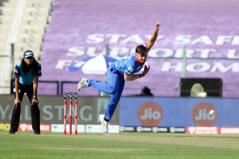 Marcus Stoinis of Delhi Capitals bowls during match 42 of season 13 of the Dream 11 Indian Premier League (IPL) between the Kolkata Knight Riders and the Delhi Capitals at the Sheikh Zayed Stadium, Abu Dhabi  in the United Arab Emirates on the 24th October 2020.  Photo by: Vipin Pawar  / Sportzpics for BCCI