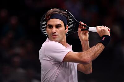 PARIS, FRANCE - NOVEMBER 01:  Roger Federer of Switzerland plays a backhand in his Round of 16 match against Fabio Fogging of Italy during Day 4 of the Rolex Paris Masters on November 1, 2018 in Paris, France. (Photo by Justin Setterfield/Getty Images)
