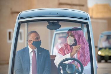 Saudi Arabia's Crown Prince Mohammed bin Salman and Iraqi Prime Minister Mustafa Al Kadhimi, visit the historical city Ad Diriyah on the outskirts of Riyadh, Saudi Arabia. Courtesy: Saudi Royal Court