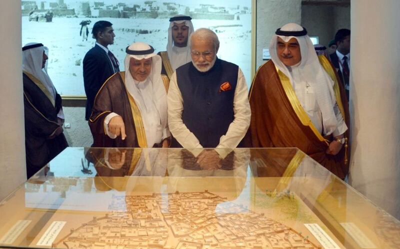Indian Prime Minister Narendra Modi visiting Al Masmak Castle in Riyadh on April 2, 2016. Modi is on a visit to Saudi Arabia where he will discuss energy, security and trade cooperation. AFP