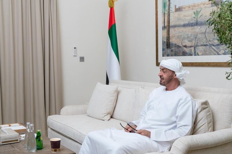 ABU DHABI, UNITED ARAB EMIRATES - March 29, 2020: HH Sheikh Mohamed bin Zayed Al Nahyan, Crown Prince of Abu Dhabi and Deputy Supreme Commander of the UAE Armed Forces (R), receives a briefing via video conference on the latest national efforts to combat Covid-19.

( Rashed Al Mansoori / Ministry of Presidential Affairs )
---