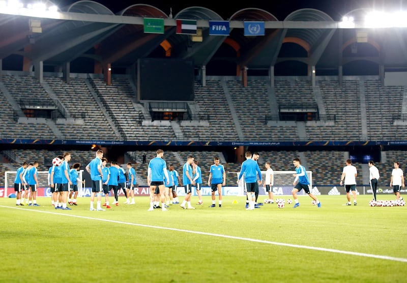 Players from Spain's Real Madrid train at Zayed Sports City Stadium for the Fifa Club World Cup  in 2018.