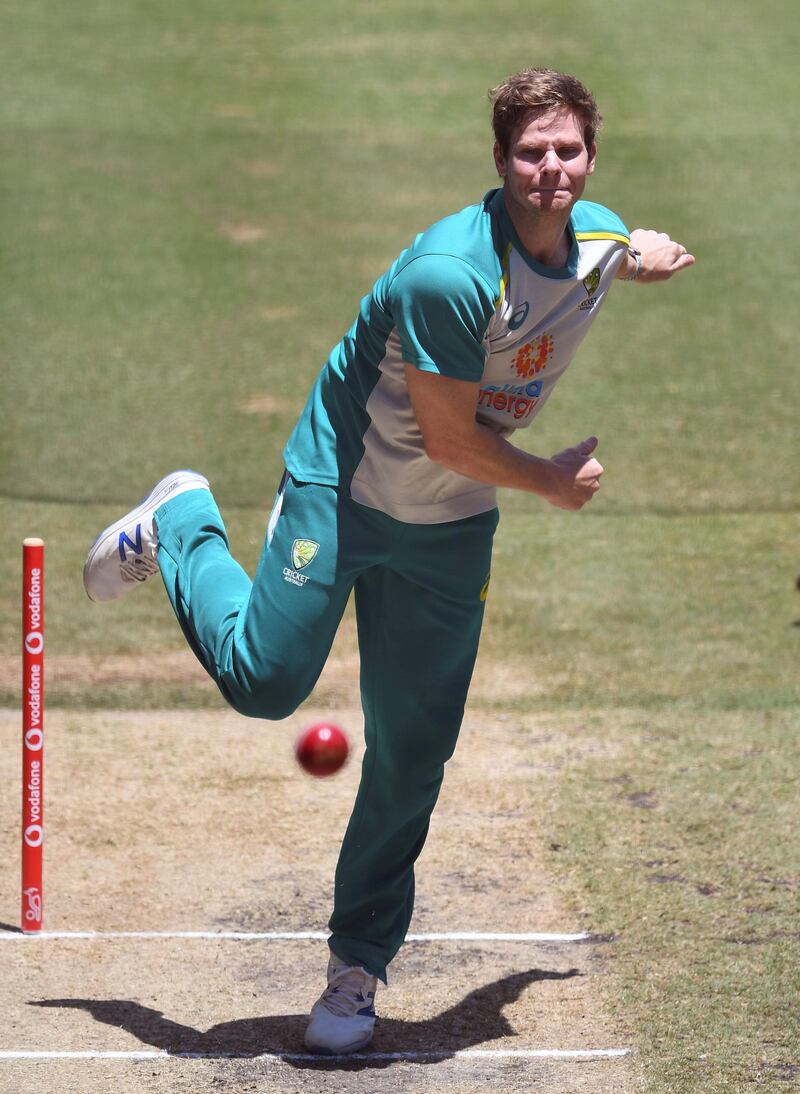 Steve Smith bowls during nets. AFP