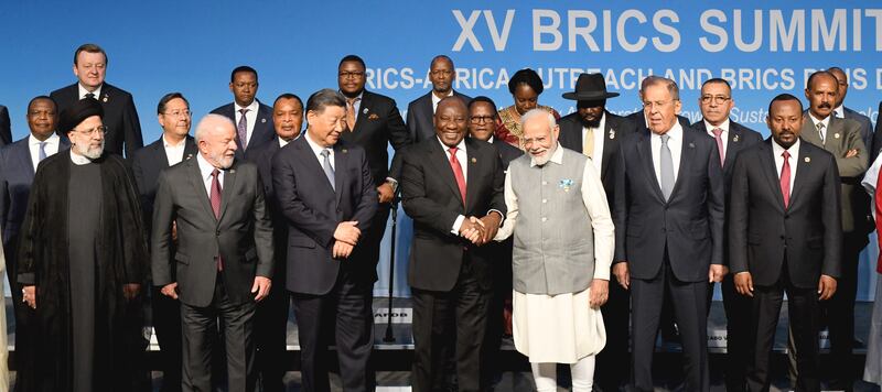 South African President Cyril Ramaphosa and Prime Minister of India Narendra Modi with other Brics leaders and delegates on the closing day of the summit in Johannesburg, South Africa on Thursday. EPA