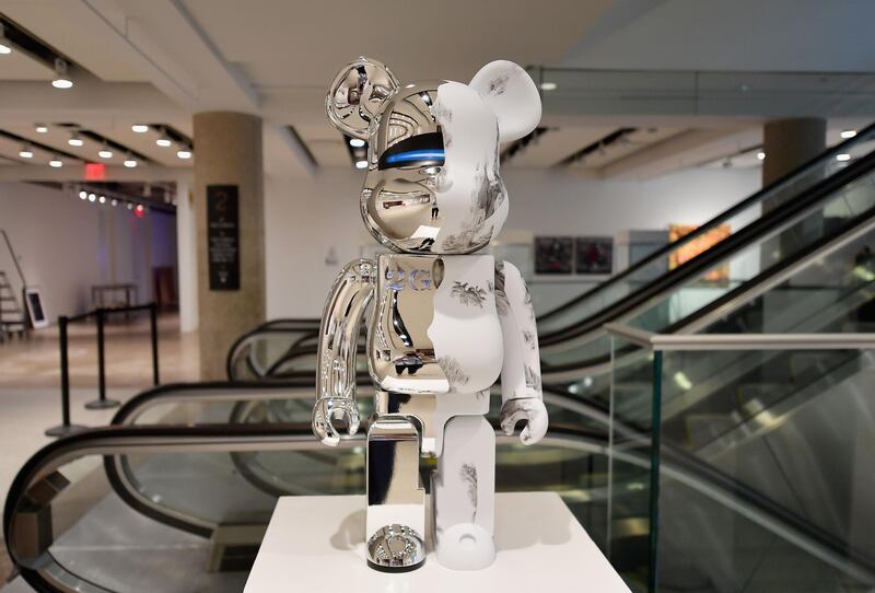 Daniel Arsham x Hajime Sorayama 1000% BE@RBRICK (2G) sculpture is displayed during a press preview. AFP