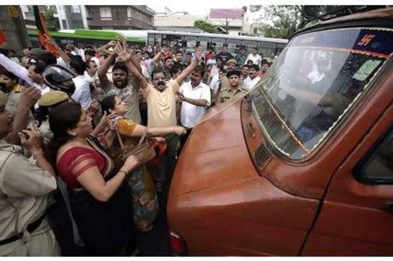 Activists from the opposition Bharatiya Janata Party protest against the hike in fuel prices in New Delhi last week when the country came to a halt due to a day-long strike.