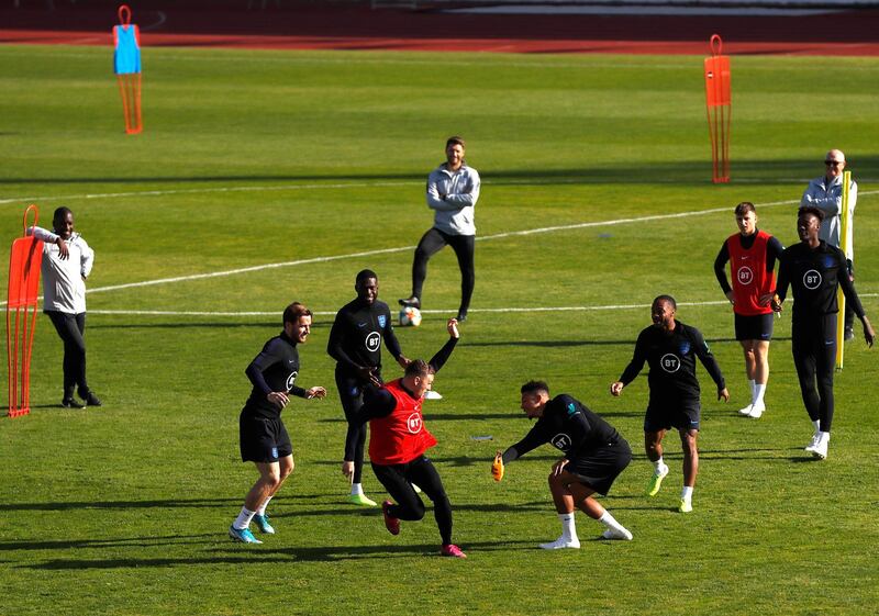 England's players training in Prague ahead of their Euro 2020 Group A qualifying soccer match against Bulgaria in Sofia on Monday. AP