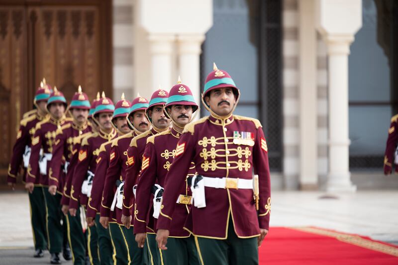 A guard of honour is presented before President Sheikh Mohamed's departure, concluding his state visit to Oman.


