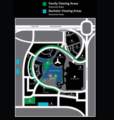 Map of viewing platforms for New Year's Eve 2019 celebrations in Downtown Dubai.