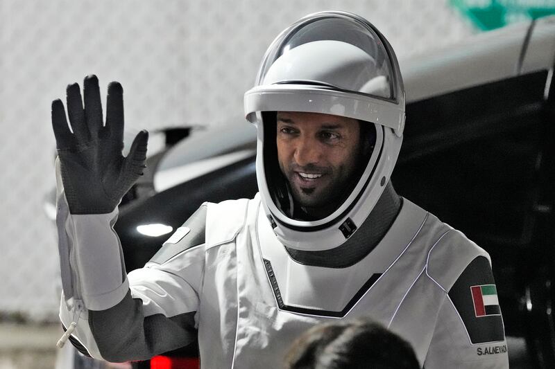 United Arab Emirates astronaut Sultan al-Neyadi waves after leaving the Operations and Checkout building for a trip to Launch Pad 39-A, late Sunday, Feb.  26, 2023, at the Kennedy Space Center in Cape Canaveral, Fla.  The four-person crew is scheduled to liftoff early Monday on a trip to the International Space Station.  (AP Photo / John Raoux)