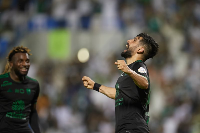 Sumayhan Al Nabit celebrates scoring Al Ahli's third goal against Al Khaleej. Getty
