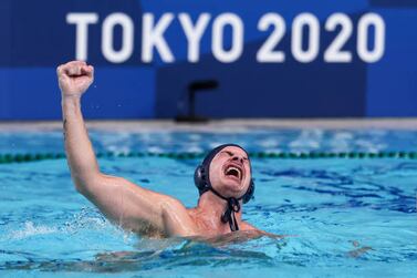 TOKYO, JAPAN - AUGUST 08: Milan Aleksic of Team Serbia celebrates the win during the Men's Gold Medal match between Greece and Serbia on day sixteen of the Tokyo 2020 Olympic Games at Tatsumi Water Polo Centre on August 08, 2021 in Tokyo, Japan. (Photo by Clive Rose / Getty Images)