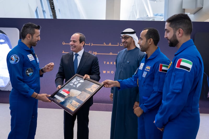 Sheikh Mohamed and Mr El Sisi speak with UAE astronaut Sultan Al Neyadi during a homecoming reception in Abu Dhabi 
