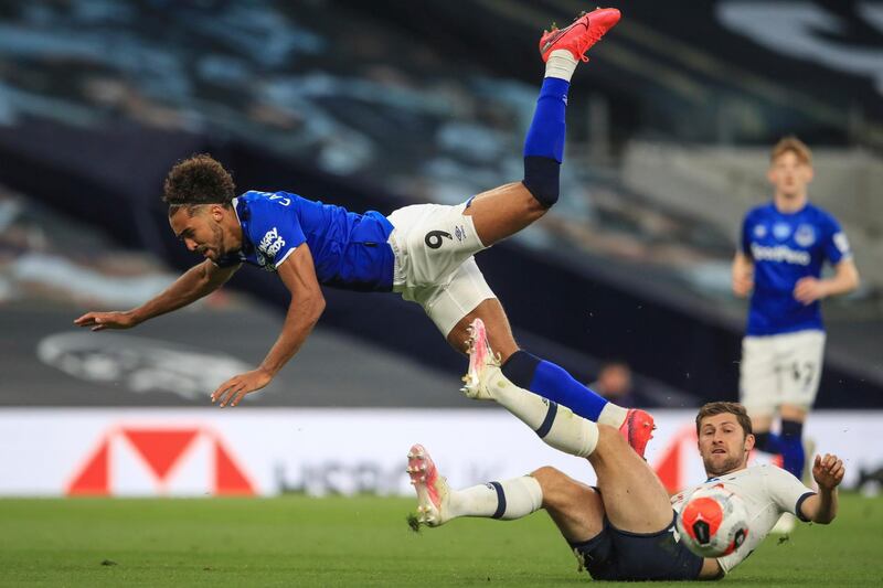 Everton's Dominic Calvert-Lewin, is tackled by Tottenham's Ben Davies. AP