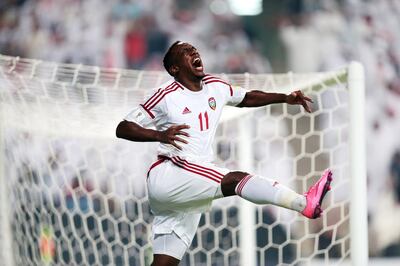 Abu Dhabi, United Arab Emirates, November 15, 2016:     Ahmed Khalil of the UAE celebrates scoring against Iraq during their 2018 FIFA World Cup Qualifier football match at Mohammed bin Zayed stadium in Abu Dhabi on November 15, 2016. Christopher Pike / The National

Reporter: John McAuley
Section: Sport

football, sports, abu dhabi
 *** Local Caption ***  CP1115-sp-UAE World Cup qualifier03.JPG