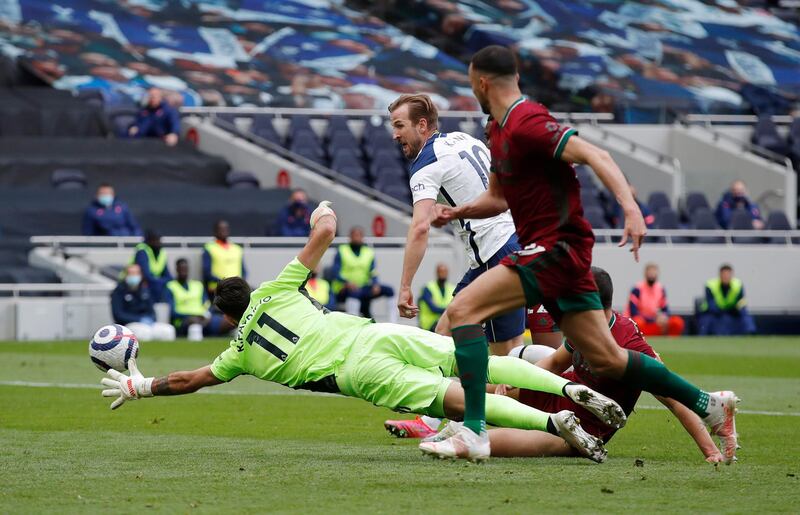 Harry Kane scores for Spurs against Wolves at the Tottenham Hotspur Stadium on May 16. Reuters