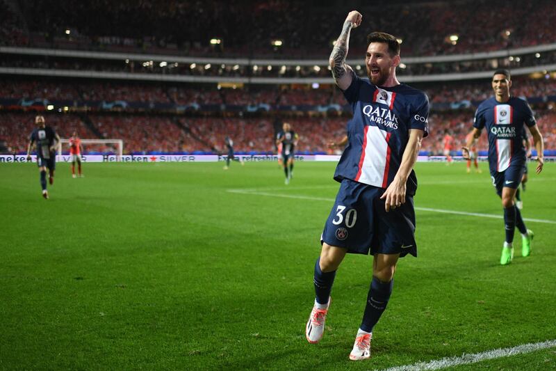 Lionel Messi celebrates scoring. AFP