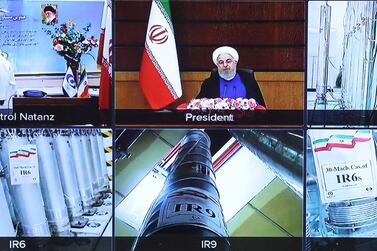 A screen grab from a videoconference showing views of centrifuges and devices at Iran's Natanz uranium enrichment plant, as well as President Hassan Rouhani delivering a speech, on Iran's National Nuclear Technology Day, in Tehran last week. AFP