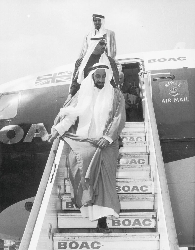 10h June 1969:  Sheikh Zayed bin Sultan al-Nahayan, ruler of Abu Dhabi arrives at Heathrow Airport,  London, at the start of his first official visit to Britain.  (Photo by Tim Graham/Fox Photos/Getty Images)