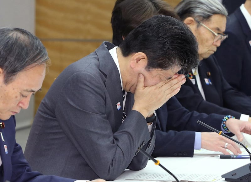 Japan's Prime Minister Shinzo Abe attends a meeting about Tokyo 2020 Olympics and Paralympics at the prime minister's office in Tokyo on February 14, 2020.    ( The Yomiuri Shimbun )