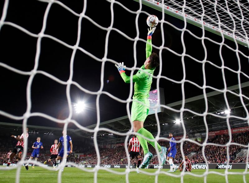 Chelsea goalkeeper Kepa Arrizabalaga saves a shot on goal. Reuters