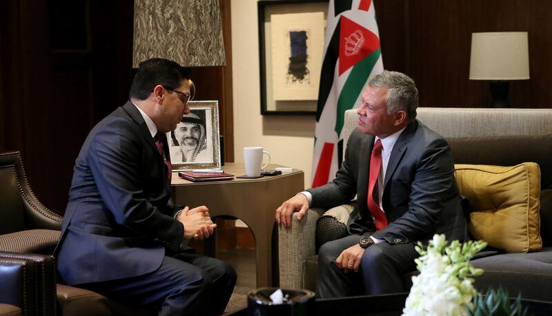 epa06420599 A handout photo made available by the Jordanian Royal Palace shows King Abdullah II of Jordan (R) meeting with Moroccan Foreign Minister Nasser Bourita in Amman, Jordan, 06 January 2018. Jordan is hosting an emergency meeting for the Arab League's Foreign Ministers to follow up on the actions against US decision to recognize Jerusalem as the capital of Israel.  EPA/YOUSEF ALLAN / JORDANIAN ROYAL PALACE HANDOUT  HANDOUT EDITORIAL USE ONLY/NO SALES