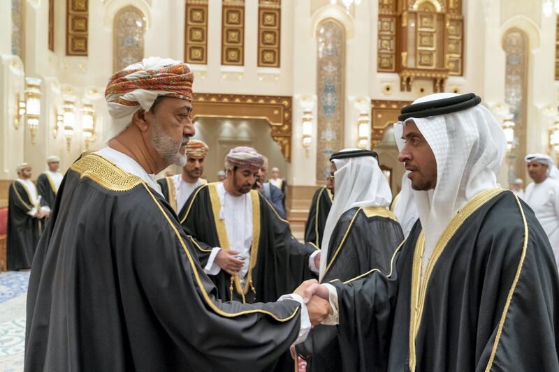 MUSCAT, OMAN - January 12, 2020: HH Sheikh Hazza bin Zayed Al Nahyan, Vice Chairman of the Abu Dhabi Executive Council (R), offers condolences to HM Sayyid Haitham Bin Tariq Al Said, Sultan of Oman (L), on the passing of HM Qaboos bin Saeed, Sultan of Oman, at Al Alam Palace.



( Mohamed Al Hammadi / Ministry of Presidential Affairs )
---​