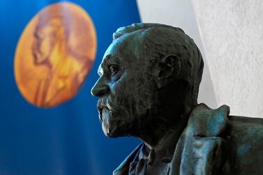 A bust of Alfred Nobel is pictured prior to the announcement of the winners of the 2020 Nobel Prize in Physiology or Medicine at the Karolinska Institute in Stockholm, Sweden, on October 5, 2020. AFP  