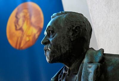 A bust of Alfred Nobel is pictured prior to the announcement of the winners of the 2020 Nobel Prize in Physiology or Medicine at the Karolinska Institute in Stockholm, Sweden, on October 5, 2020.  / AFP / Jonathan NACKSTRAND
