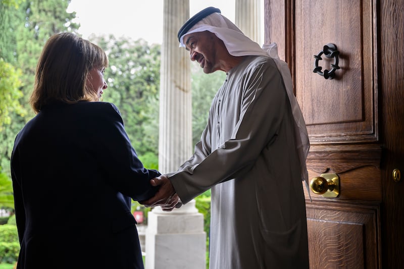 President Sheikh Mohamed bids farewell to Ms Sakellaropoulou after a reception at the Presidential Mansion.