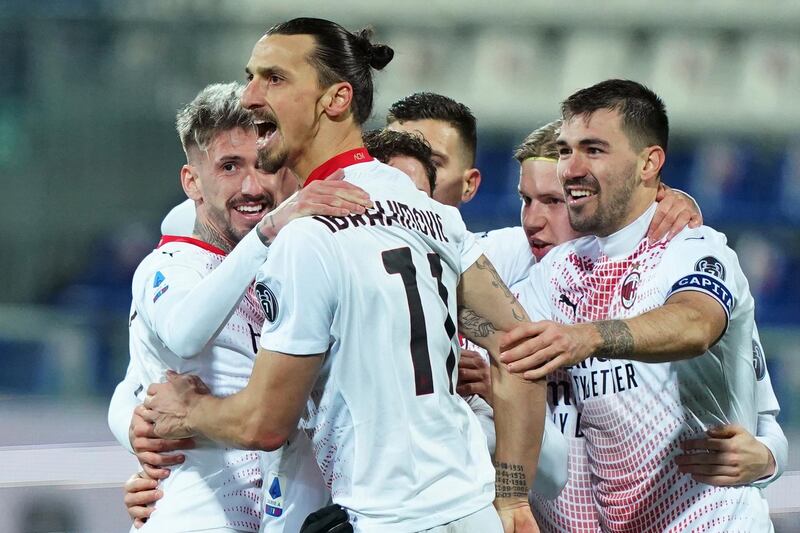 Zlatan Ibrahimovic celebrates after scoring AC Milan's second goal. AP