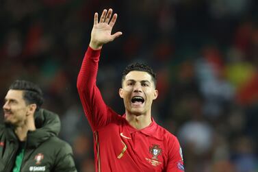 Portugal's Cristiano Ronaldo celebrates at the end of the World Cup 2022 playoff soccer match between Portugal and North Macedonia, at the Dragao stadium in Porto, Portugal, Tuesday, March 29, 2022.  Portugal won 2-0.  (AP Photo / Luis Vieira)