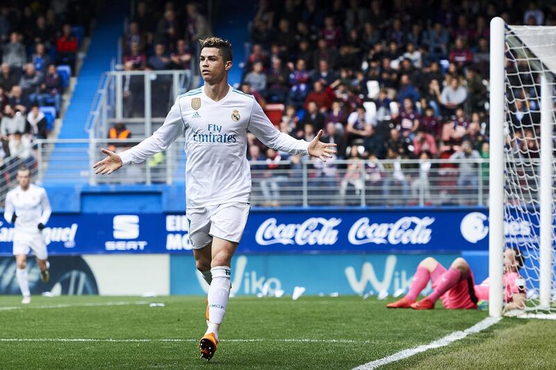 EIBAR, SPAIN - MARCH 10:  Cristiano Ronaldo of Real Madrid celebrates after scoring his team's second goal during the La Liga match between SD Eibar and Real Madrid at Ipurua Municipal Stadium on March 10, 2018 in Eibar, Spain .  (Photo by Juan Manuel Serrano Arce/Getty Images)