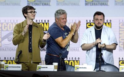 SAN DIEGO, CALIFORNIA - JULY 19: (L-R) Isaac Hempstead Wright, Conleth Hill, and John Bradley speak at the "Game Of Thrones" Panel And Q&A during 2019 Comic-Con International at San Diego Convention Center on July 19, 2019 in San Diego, California.   Kevin Winter/Getty Images/AFP
== FOR NEWSPAPERS, INTERNET, TELCOS & TELEVISION USE ONLY ==
